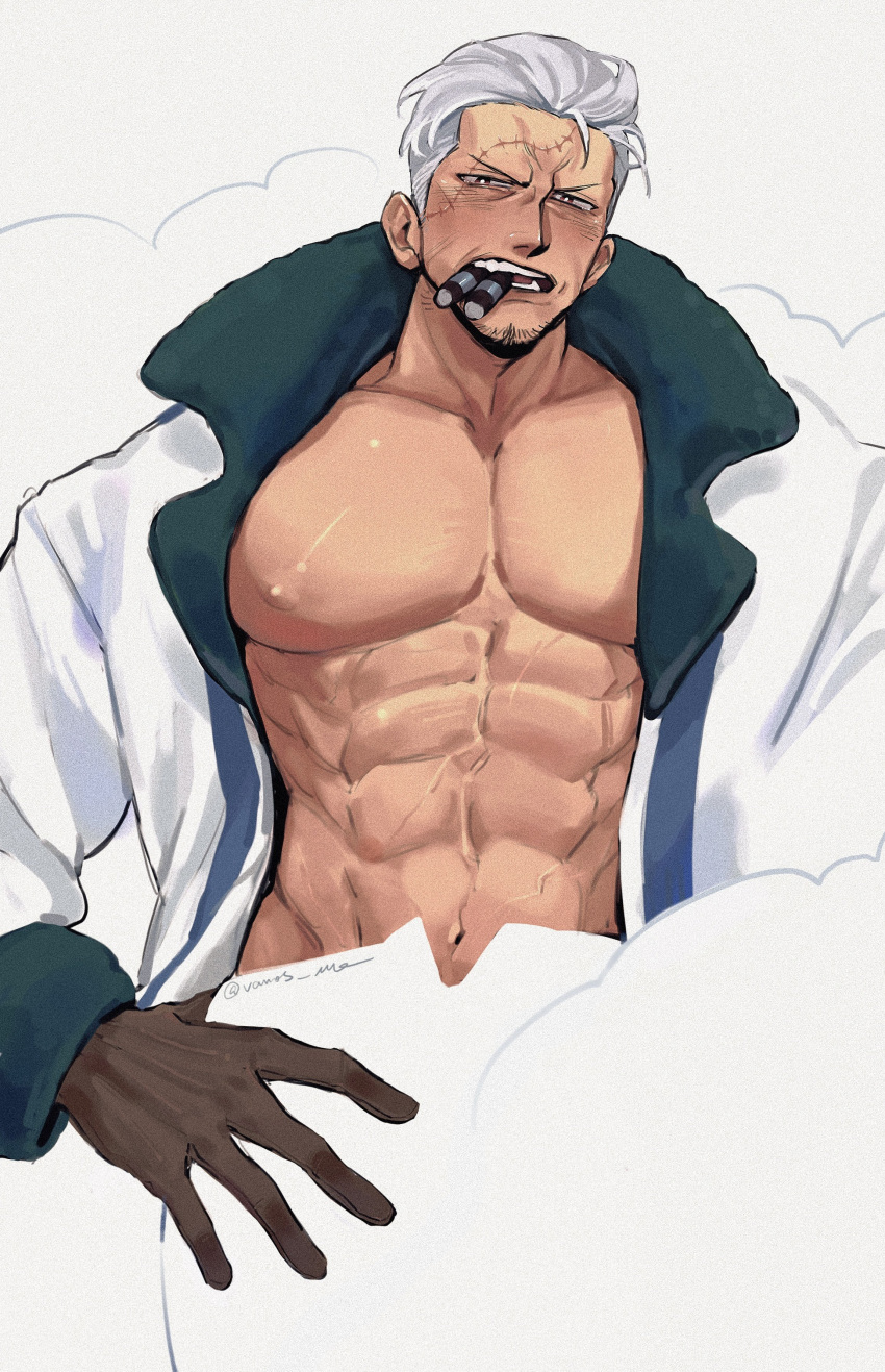 1boy abs absurdres bare_pectorals bright_pupils brown_eyes brown_gloves chain_smoking cigar coat collarbone facial_hair furrowed_brow gloves hair_slicked_back hand_on_own_hip highres large_pectorals linea_alba looking_at_viewer male_focus naked_coat navel one_piece open_mouth pectorals scar scar_across_eye short_hair signature smoke smoker_(one_piece) solo stitched_face stitches stubble teeth v-shaped_eyebrows vamos_mk white_coat white_hair white_pupils