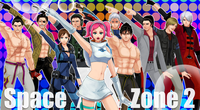 2girls 6+boys abs arms_up bare_legs bare_shoulders belt black_gloves black_hair black_jacket black_pants black_shirt blonde_hair blue_bodysuit blue_eyes blue_jacket bodysuit breasts brown_eyes brown_gloves brown_hair brown_pants chris_redfield cleavage clenched_teeth closed_eyes closed_mouth commentary crossover dancing dante_(devil_may_cry) devil_may_cry_(series) embarrassed english_text evil_grin evil_smile expressionless eyepatch eyeshadow facial_hair fingerless_gloves frown gloves goatee green_eyes green_vest grey_jacket grey_pants grin hand_on_own_hip headset jacket jill_valentine kazama_jin kiryu_kazuma leon_s._kennedy letter_print lipstick long_sleeves looking_at_viewer looking_to_the_side majima_goro makeup midriff mishima_kazuya multiple_boys multiple_girls namco_x_capcom navel open_clothes open_jacket open_mouth pants pink_hair pointing pointing_to_the_side ponytail project_x_zone project_x_zone_2 red_eyes red_gloves red_jacket red_pants red_shirt resident_evil resident_evil_2 ryuu_ga_gotoku_(series) sakura3914 scar shirt short_hair smile space_channel_5 strap sweat sweatdrop tattoo teeth tekken tekken_3 thigh_strap thighs topless_male ulala vergil_(devil_may_cry) vest white_gloves white_hair yellow_jacket