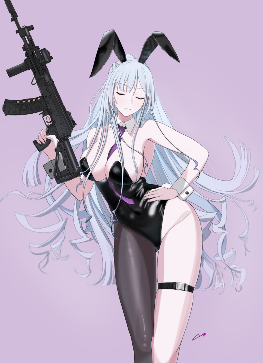 ak-12 ak-12_(girls'_frontline) alternate_costume animal_ears assault_rifle between_breasts black_leotard breasts cleavage closed_mouth collar commentary cowboy_shot detached_collar fake_animal_ears fake_tail gincho girls'_frontline gun hand_on_own_hip highleg highleg_leotard highres holding holding_gun holding_weapon kalashnikov_rifle leotard long_hair necktie necktie_between_breasts parted_lips playboy_bunny purple_background purple_necktie rabbit_ears rabbit_tail rifle single_leg_pantyhose skindentation smile tail thigh_strap trigger_discipline weapon white_collar white_hair wrist_cuffs