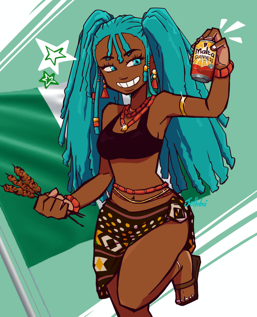 absurdres alcohol beer can commentary crop_top dark-skinned_female dark_skin dreadlocks drink drink_can english_commentary female food grin hatsune_miku highres holding holding_can holding_drink holding_skewer jelluboi jewelry midriff navel sandals skewer skirt smile soda_can solo standing standing_on_one_leg teeth twintails vocaloid