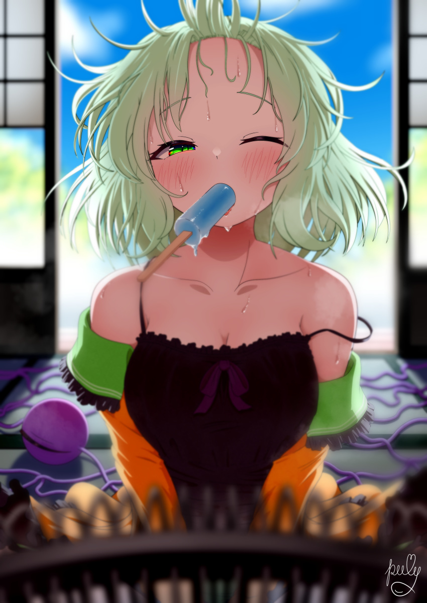 absurdres black_dress blue_sky blush collarbone commentary_request dress electric_fan female food green_eyes green_hair heart heart_of_string highres komeiji_koishi looking_at_viewer one_eye_closed outdoors polyhedron2 popsicle sky solo sweat third_eye touhou