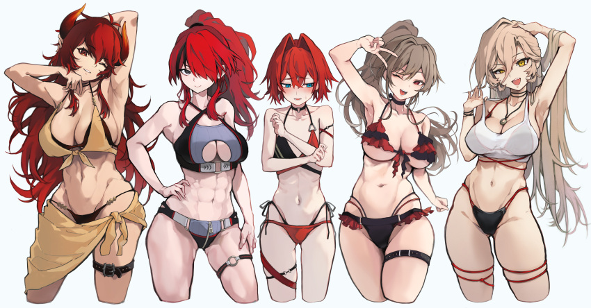 5girls ;d abs absurdres akechi_(akechi_5416) ange_katrina arm_behind_head arm_strap armpits belt belt_buckle bikini black_bik black_bikini black_eyes blue_eyes blush bra breasts brown_hair buckle choker cleavage cleavage_cutout closed_mouth clothing_cutout collarbone commentary_request cowboy_shot cropped_legs dola_(nijisanji) double_bikini dragon_girl dragon_horns facing_viewer flat_chest frilled_bikini frills front-tie_bikini_top front-tie_top furen_e_lustario grin groin hair_between_eyes hair_intakes hair_over_one_eye halterneck hand_on_own_hip hand_on_own_thigh head_tilt high_ponytail highres horns jewelry lain_paterson large_breasts light_brown_hair linea_alba long_bangs long_hair long_hair_between_eyes looking_at_viewer lower_teeth_only medium_breasts multi-strapped_bikini_bottom multiple_girls muscular muscular_female navel necklace nijisanji nui_sociere o-ring o-ring_choker o-ring_thigh_strap one_eye_closed open_mouth parted_lips ponytail red_bikini red_eyes red_hair red_horns sarong short_hair side-tie_bikini_bottom sideways_glance simple_background smile sports_bikini strap_lift sweat swimsuit teeth thigh_belt thigh_strap two-tone_bikini underwear upper_teeth_only v_over_eye very_long_hair virtual_youtuber white_background white_bra yellow_bikini yellow_eyes yellow_sarong