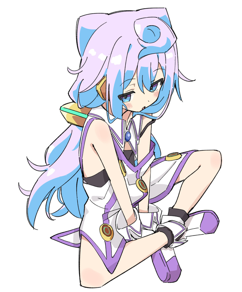 1boy ahoge animal_ears bare_shoulders between_legs blue_eyes blue_hair blush dress fusazakura gloves hacka_doll hacka_doll_3 hand_between_legs highres long_hair looking_to_the_side low_twintails male_focus open_mouth otoko_no_ko purple_trim simple_background sitting solo twintails white_background white_dress white_footwear white_gloves