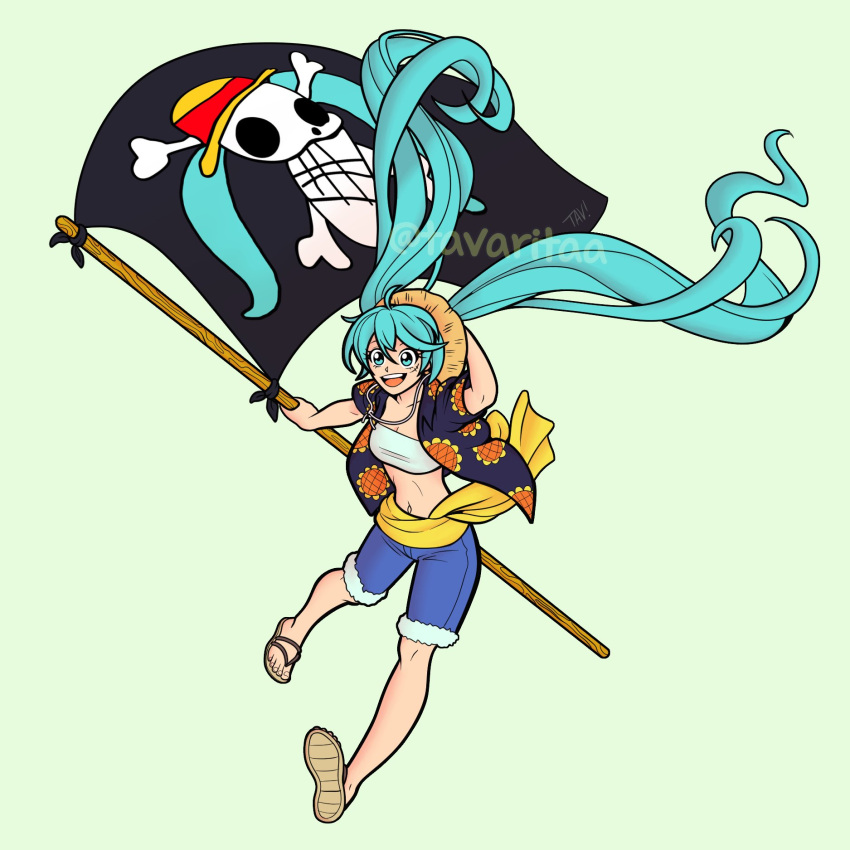 aqua_eyes aqua_hair bandeau bare_legs blue_shorts female flag floral_print green_background hat hatsune_miku highres holding holding_flag jolly_roger long_hair looking_at_viewer midriff navel one_piece open_clothes open_mouth open_shirt print_shirt sandals shirt short_sleeves shorts simple_background smile solo straw_hat sunflower_print tavaritaa twintails very_long_hair vocaloid white_bandeau wide_shot