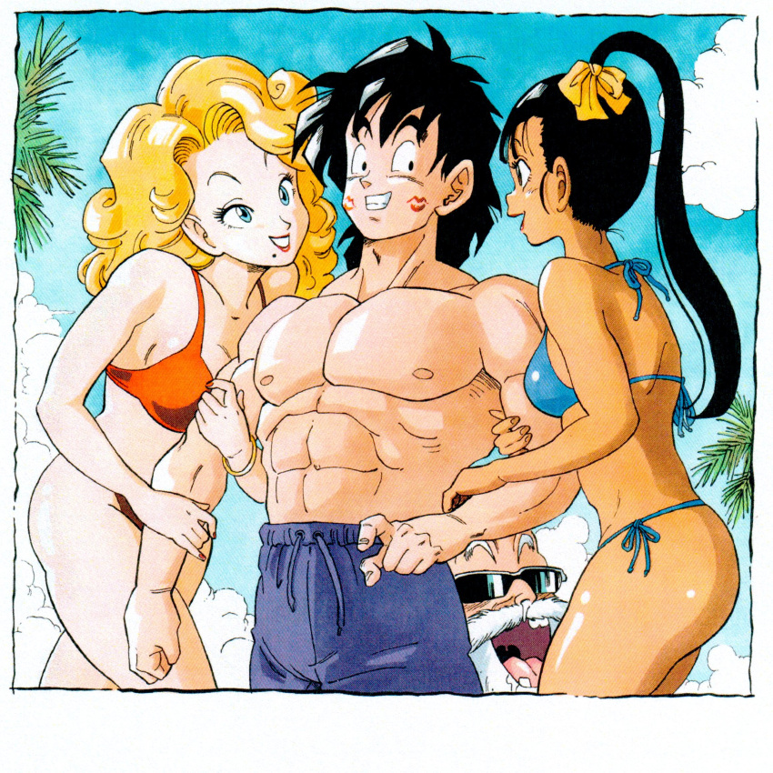 2boys 2girls abs bare_pectorals beach bikini black_eyes blonde_hair blue_eyes blue_sky blue_swim_trunks bow bracelet breasts brown_eyes cleavage curly_hair dark-skinned_female dark_skin dragon_ball dragon_ball_z english_commentary gold_bracelet grin hairbow high_ponytail highres holding_another's_arm jewelry lipstick_mark long_hair looking_at_another medium_breasts medium_hair mole mole_under_mouth multiple_boys multiple_girls muscular muscular_male muten_roushi old old_man open_mouth palm_tree pectorals red_bikini red_lips runny_nose silverwoodwork sky small_breasts smile snot son_goten string_bikini sunglasses swimsuit teeth tree yellow_bow