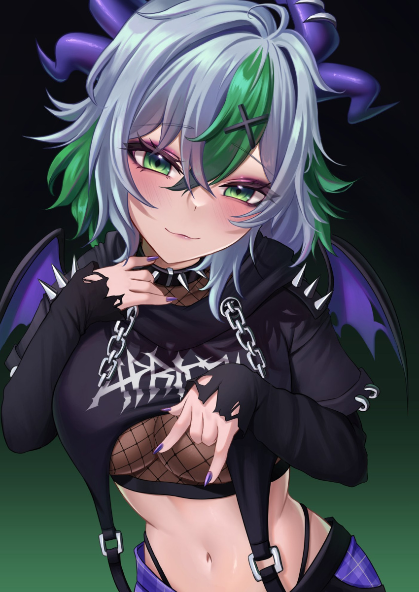 apricot_the_lich apricot_the_lich_(8th_costume) black_collar black_hoodie black_nails breasts collar cotton_noir cropped_hoodie demon_girl demon_horns demon_wings female green_eyes green_hair hair_ornament highleg highleg_panties highres hood hoodie horns large_breasts multicolored_hair multiple_horns nail_polish panties purple_shorts short_hair shorts smile solo spiked_collar spikes streaked_hair underwear virtual_youtuber vshojo wings x_hair_ornament