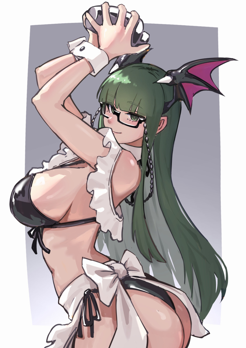 absurdres ap_cammy apron arms_up ass bare_shoulders bartender bespectacled bikini black-framed_eyewear black_bikini blunt_bangs border bow breasts closed_mouth cocktail_shaker cowboy_shot darkstalkers demon_girl eyewear_strap female frilled_bikini frills from_side glasses green_eyes green_hair grey_background hands_up head_wings highres holding horns large_breasts leaning_back long_hair looking_at_viewer midriff morrigan_aensland navel rectangular_eyewear revealing_clothes semi-rimless_eyewear shadow shaking side-tie_bikini_bottom sideboob simple_background smile solo swimsuit two-tone_background under-rim_eyewear white_apron white_border white_bow wings wrist_cuffs