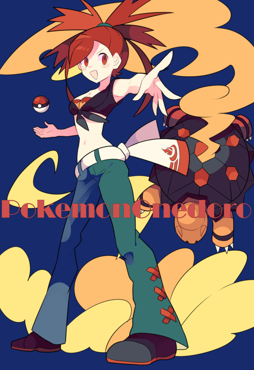 belt black_footwear black_shirt breasts cleavage colored_smoke female flannery_(pokemon) foreshortening full_body green_pants highres midriff nagatsukiariake navel open_mouth outstretched_arm pants poke_ball poke_ball_(basic) pokemon pokemon_(creature) pokemon_oras red_eyes red_hair shirt smoke torkoal white_belt