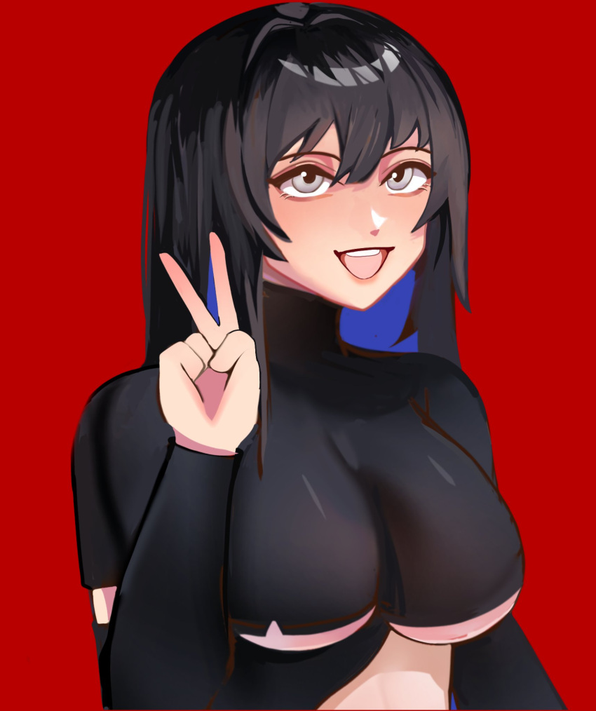 ahomushi994 black_hair black_shirt breasts female girls'_frontline grey_eyes hand_up highres large_breasts long_hair long_sleeves open_mouth red_background shirt sig_cross_(girls'_frontline) simple_background smile solo sweater turtleneck turtleneck_sweater underboob upper_body v