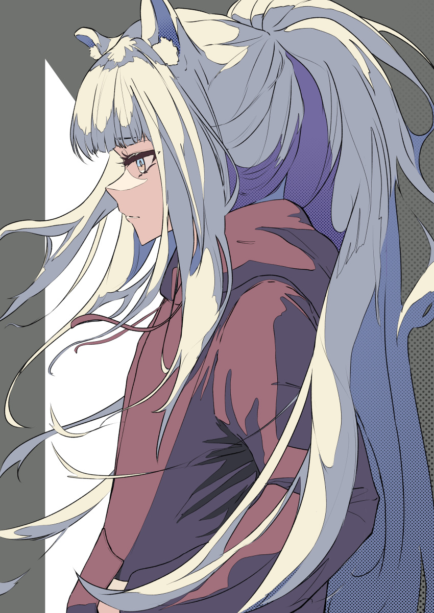 absurdres animal_ears arknights drawstring female flat_chest from_side hand_in_pocket highres hood hoodie horse_ears long_eyelashes long_hair platinum_(arknights) ponytail protected_link red_shirt sarasa_dry shirt simple_background solo sweater white_hair