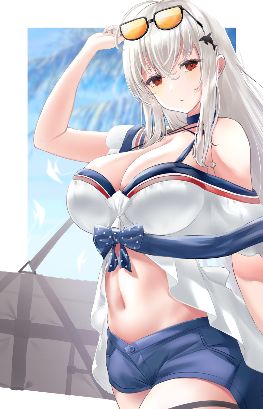 :o absurdres adjusting_eyewear ahoge arknights bare_shoulders bikini blue_shorts breasts cleavage commentary cowboy_shot eyewear_on_head female from_side hair_between_eyes hand_up highres large_breasts long_hair looking_at_viewer looking_to_the_side makino midriff navel official_alternate_costume orca_hair_ornament red_eyes shirt shorts skadi_(arknights) skadi_(waverider)_(arknights) solo stomach sunglasses swimsuit thigh_strap thighs weapon_case white_hair white_shirt