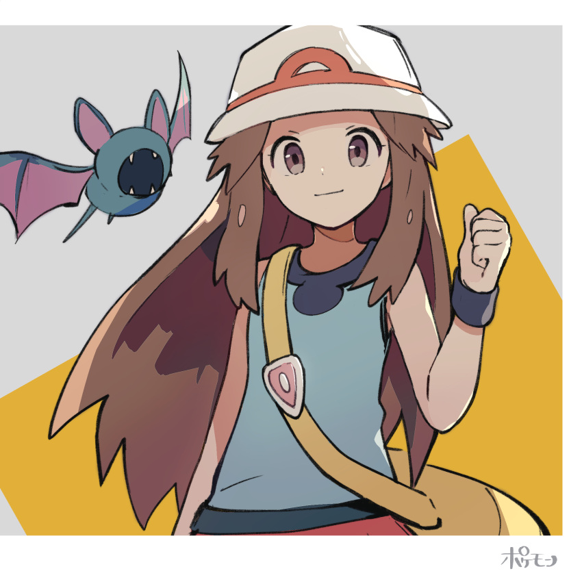 bad_id bad_pixiv_id bag black_wristband blue_shirt brown_eyes brown_hair bucket_hat clenched_hand closed_mouth commentary eyelashes female hair_flaps hand_up hat highres leaf_(pokemon) long_hair looking_at_viewer messenger_bag pokemon pokemon_(creature) pokemon_frlg red_skirt shirt shoulder_bag skirt sleeveless sleeveless_shirt symbol-only_commentary toukashi_(2tou9) vs_seeker white_headwear wristband yellow_bag zubat