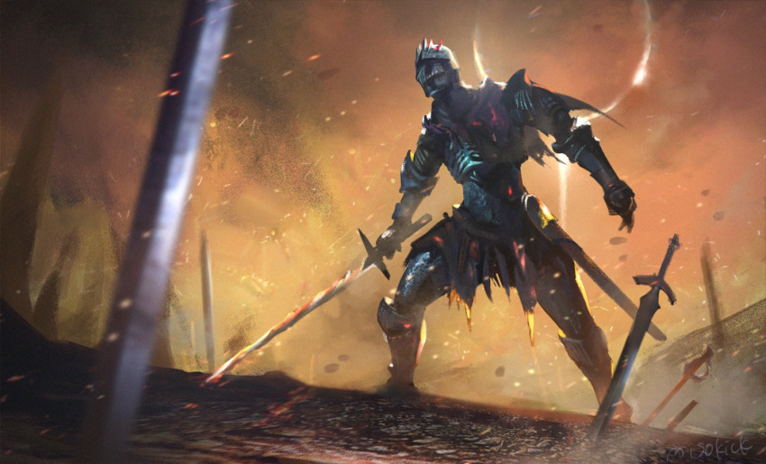 1other ambiguous_gender armor armored_boots boots breastplate dark_souls_(series) dark_souls_iii eclipse field_of_blades full_armor gauntlets helmet holding holding_sword holding_weapon knight miso_katsu orange_sky pauldrons planted planted_sword sheath shoulder_armor signature sky solo soul_of_cinder sword weapon