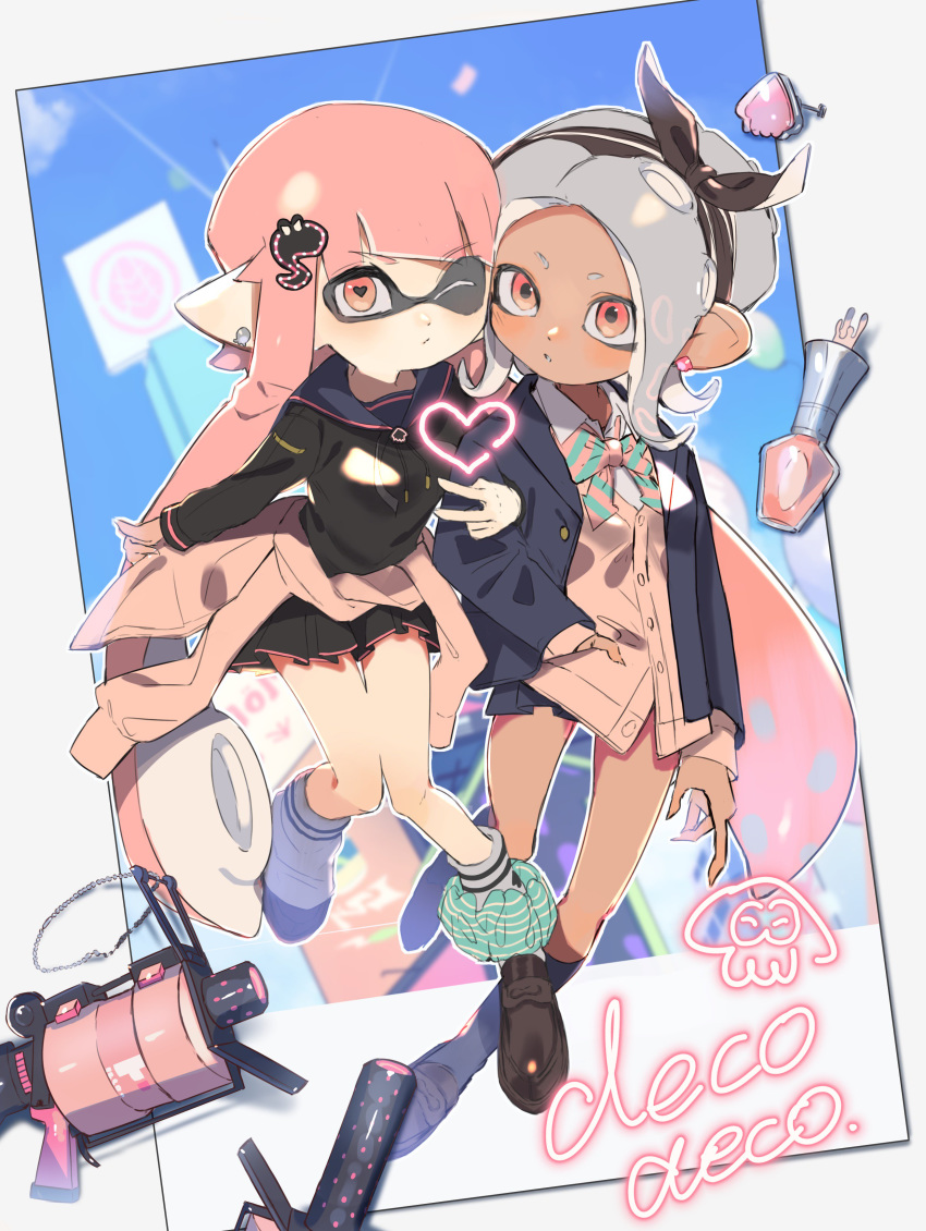 .52_gal_(splatoon) .96_gal_(splatoon) 2girls absurdres arm_grab bad_id bad_twitter_id bandana black_bow black_footwear black_sailor_collar black_shirt black_socks blazer blouse blue_jacket blue_skirt blue_sky blunt_bangs bow bowtie cardigan closed_mouth clothes_around_waist dark-skinned_female dark_skin diagonal-striped_bow dress_shirt earrings green_bow grey_hair grey_socks hair_ornament hand_in_pocket heart heart-shaped_pupils highres inkling inkling_girl inkling_player_character jacket jewelry loafers long_hair long_sleeves looking_at_viewer medium_hair miniskirt multiple_girls nail_polish_bottle neckerchief octoling octoling_girl octoling_player_character outline parted_lips pink_bow pink_bowtie pink_eyes pink_hair pink_sweater pleated_skirt pointy_ears sailor_collar school_uniform scrunchie serafuku shirt shoes skirt sky socks splatoon_(series) standing striped_bow striped_bowtie striped_clothes suction_cups sweater sweater_around_waist symbol-shaped_pupils tentacle_hair unitoon very_long_hair white_outline white_shirt wing_collar