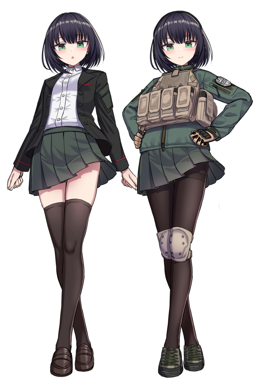 :o black_hair black_jacket black_legwear blazer blush breasts brown_footwear brown_gloves closed_mouth collared_shirt commentary_request crossed_legs dress_shirt escape_from_tarkov female full_body gloves green_eyes green_jacket green_skirt hands_on_own_hips highres izumi_(yakob_labo) jacket loafers multiple_views open_clothes open_jacket original pantyhose parted_lips pleated_skirt school_uniform shirt shoes short_hair simple_background skirt small_breasts smile standing thighband_pantyhose thighhighs watson_cross white_background white_shirt yakob_labo