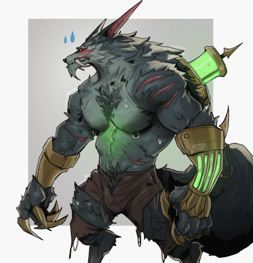 1boy artist_name bara blush border brown_shorts chris_sdd claws fangs feet_out_of_frame furry furry_male grey_background grey_fur highres league_of_legends long_fangs male_focus muscular muscular_male nipple_piercing nipple_rings piercing profile scar shorts standing sweat sweatdrop teeth v-taper warwick werewolf white_border