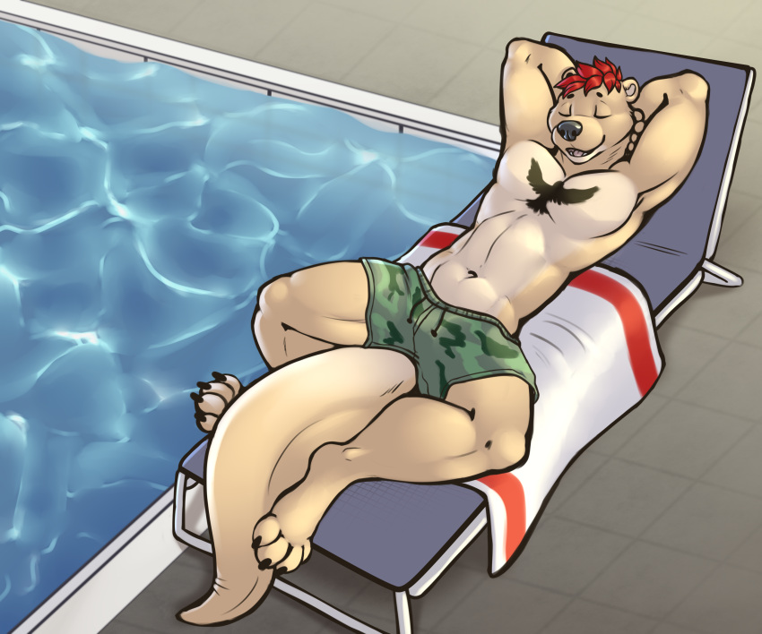 absurd_res anthro bottomwear camo camo_print chair clothing fur fur_markings furniture hair hi_res jonas-puppeh lounge_chair lounging lying male mammal markings muscular muscular_male mustelid on_back otter poolside red_hair schwartz_otter shorts solo swimwear tail tan_body tan_fur towel water