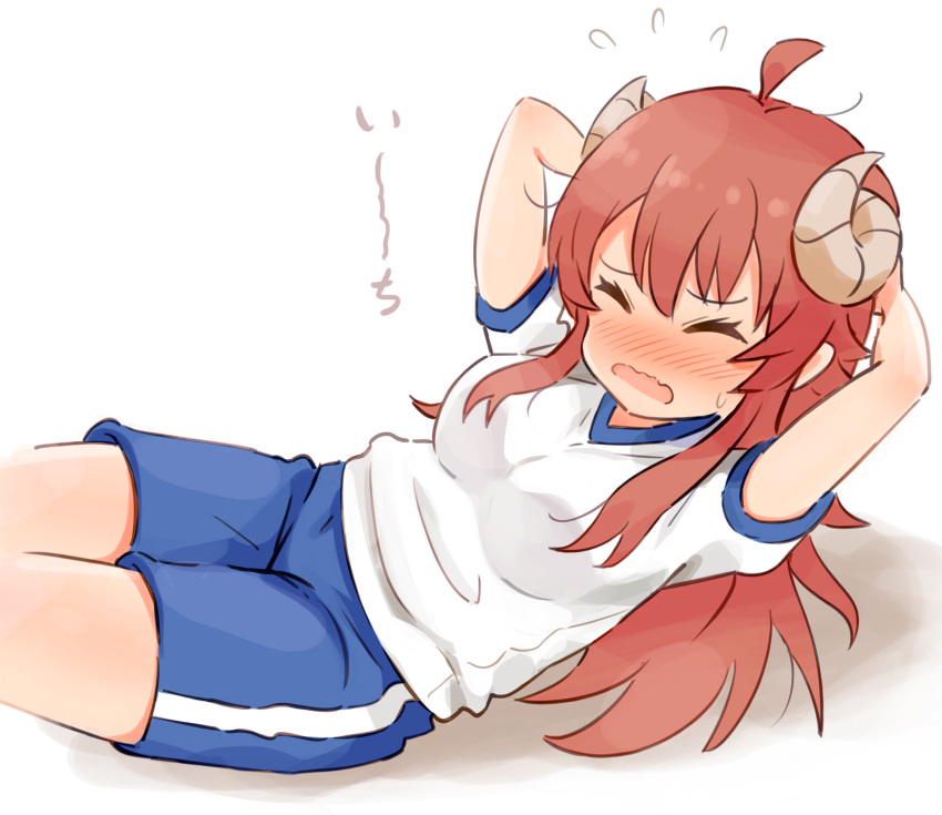 ahoge arms_behind_head asou_(asabu202) blue_shorts blush breasts commentary demon_girl demon_horns exercising female gym_shorts gym_uniform hair_over_shoulder highres horns large_breasts long_hair machikado_mazoku open_mouth red_hair shirt short_sleeves shorts simple_background solo struggling sweatdrop wavy_mouth white_background yoshida_yuuko_(machikado_mazoku)