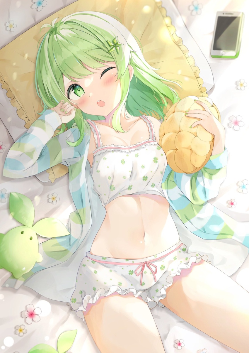 ;o arm_up bare_shoulders bow_shorts breasts cellphone commentary crop_top female frilled_shorts frills green_eyes green_hair hanakusa_fushigi highres indie_virtual_youtuber jacket looking_at_viewer lying medium_breasts medium_hair midriff navel off_shoulder on_back on_bed one_eye_closed open_clothes open_jacket open_mouth phone saeki_sora shirt short_shorts shorts sleeveless sleeveless_shirt smartphone solo stomach striped_clothes striped_jacket symbol-only_commentary thighs virtual_youtuber white_shirt white_shorts