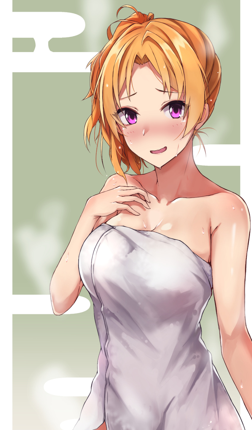 bare_shoulders blonde_hair blush breasts cleavage collarbone commentary_request female hasumushi highres idolmaster idolmaster_cinderella_girls idolmaster_cinderella_girls_starlight_stage kiryu_tsukasa_(idolmaster) large_breasts looking_at_viewer naked_towel open_mouth purple_eyes solo towel wet