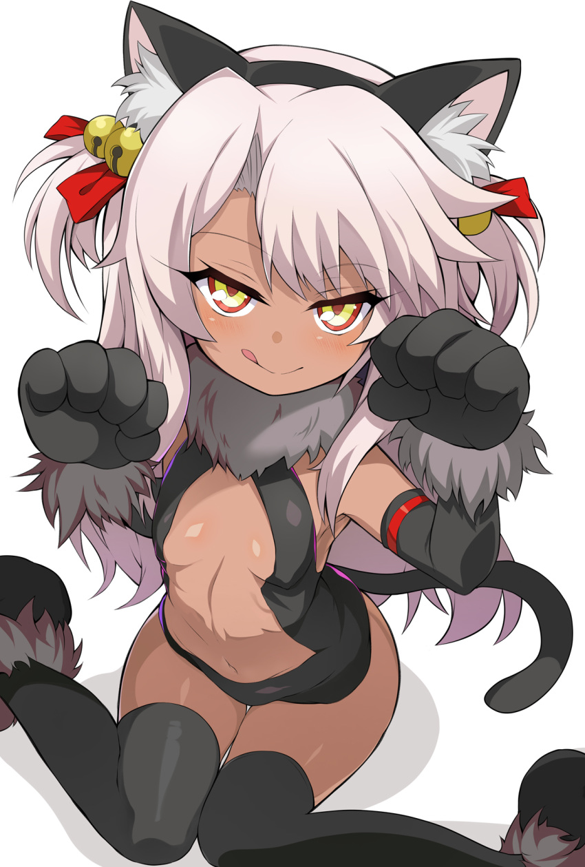 animal_ears animal_hands bare_shoulders bell black_gloves black_leotard black_thighhighs blush breasts cat_ears cat_tail center_opening chloe_von_einzbern commentary_request cosplay dark-skinned_female dark_skin fate/kaleid_liner_prisma_illya fate_(series) female fur_collar gloves highres illyasviel_von_einzbern illyasviel_von_einzbern_(beast_style) illyasviel_von_einzbern_(beast_style)_(cosplay) illyasviel_von_einzbern_(cosplay) jingle_bell leotard licking_lips long_hair looking_at_viewer navel official_alternate_costume paw_gloves paw_shoes pink_hair shimejinameko shoes simple_background sitting small_breasts smile tail thighhighs tongue tongue_out two_side_up wariza white_background yellow_eyes