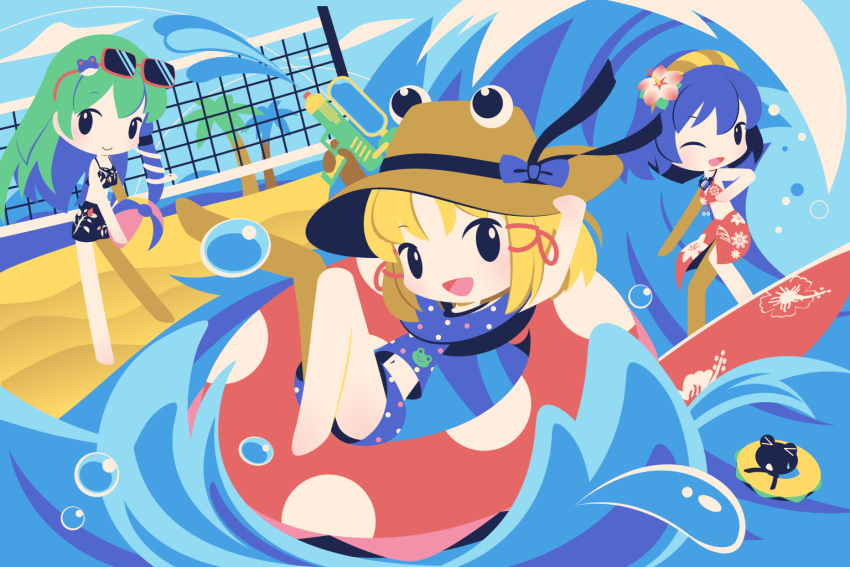 3girls :d ;d ball beach beachball bikini black_bikini black_skirt blonde_hair blue_hair blue_shirt blue_shorts chibi cobalta commentary_request eyewear_on_head flower green_hair hair_flower hair_ornament hairband hat innertube kochiya_sanae long_hair moriya_suwako multiple_girls one_eye_closed open_mouth red_bikini red_sarong sarong shirt short_hair shorts sidelocks skirt smile snake_hair_ornament solid_oval_eyes standing sunglasses surfboard surfing swim_ring swimsuit touhou volleyball_net water_gun waves yasaka_kanako