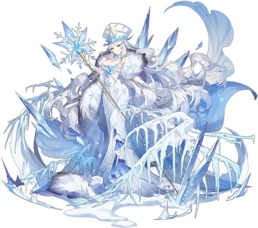 ark_order blue_cape blue_eyes breasts cape cleavage coat diadem dress female frozen fur_coat gloves hat hatoyama_itsuru highres holding holding_staff huge_breasts ice long_dress looking_at_viewer official_art sleeveless sleeveless_dress snow snowflake_print snowflakes solo staff tachi-e the_snow_queen the_snow_queen_(ark_order) transparent_background variant_set white_dress white_gloves white_hair white_hat