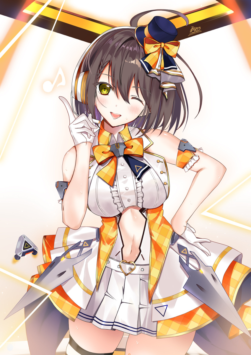 ;d ahoge arm_strap azur_lane baltimore_(azur_lane) baltimore_(muse)_(azur_lane) bare_shoulders blue_hat blush bow braid breasts brown_hair buckle center_frills center_opening clothing_cutout commentary_request crop_top female french_braid frills gloves hair_between_eyes hand_on_own_hip hand_up hat head_tilt headset heart heart-shaped_buckle highres idol index_finger_raised irohasu_(mmgn7434) large_breasts looking_at_viewer mini_hat miniskirt music musical_note navel official_alternate_costume one_eye_closed open_mouth orange_bow pleated_skirt shirt short_hair showgirl_skirt sidelocks signature singing skindentation skirt sleeveless sleeveless_shirt smile solo stage stage_lights standing stomach stomach_cutout sweat thigh_strap underboob underboob_cutout white_gloves white_shirt white_skirt yellow_eyes