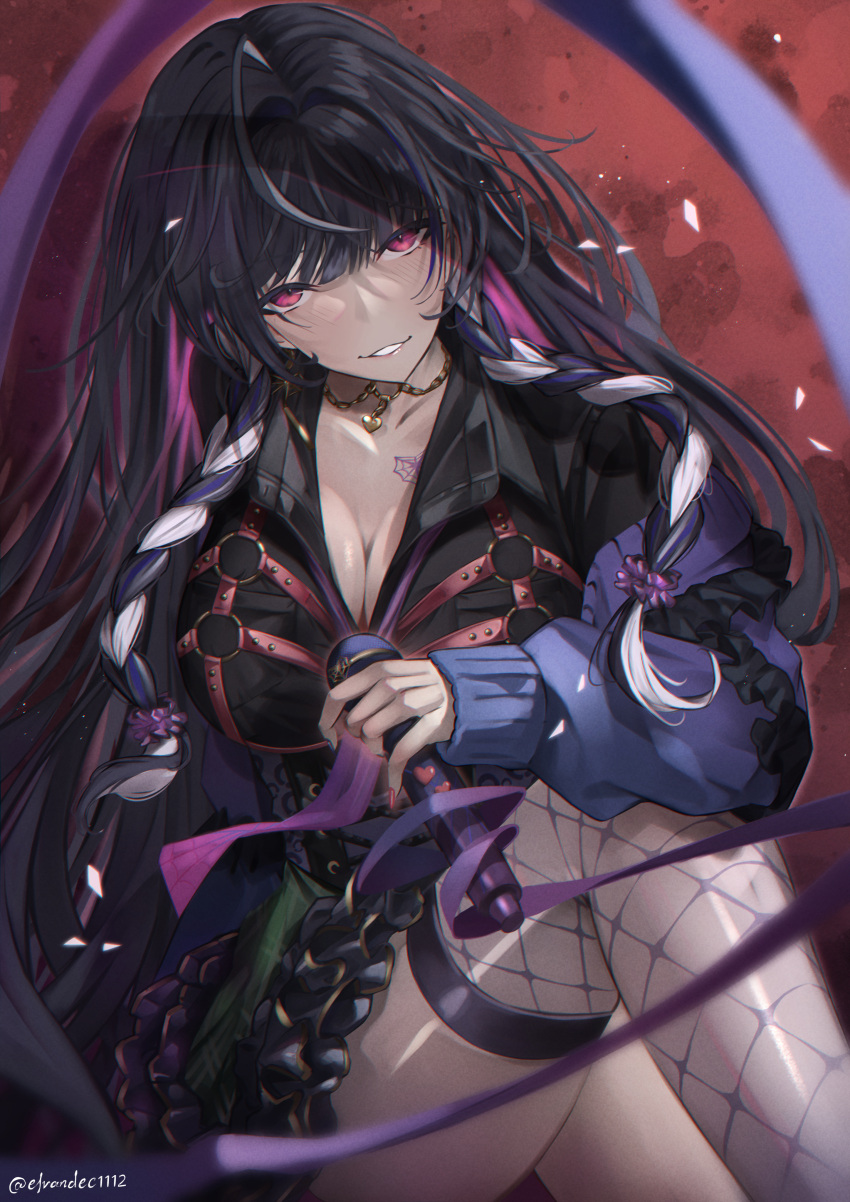 absurdres black_hair black_shirt blush braid breasts chest_tattoo cleavage corset earrings elvandec female fishnet_thighhighs fishnets gold_earrings highres holding holding_microphone jacket jewelry large_breasts long_hair looking_at_viewer meloco_kyoran microphone multicolored_hair necklace nijisanji nijisanji_en open_clothes open_jacket purple_eyes purple_hair purple_jacket shirt single_thighhigh smile solo spider_web_tattoo streaked_hair tattoo thighhighs twin_braids virtual_youtuber