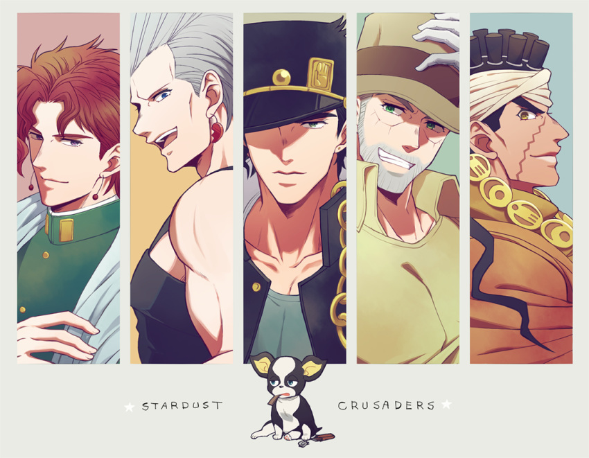 5boys adjusting_clothes adjusting_headwear beard black_hair blue_eyes boston_terrier brown_eyes chains column_lineup dark-skinned_male dark_skin facial_hair fedora flattop gakuran gloves green_eyes grey_hair haruko_(chikadoh) hat headband iggy_(jojo) jean_pierre_polnareff jojo_no_kimyou_na_bouken joseph_joestar joseph_joestar_(old) kakyoin_noriaki kujo_jotaro mohammed_avdol multiple_boys old old_man purple_eyes red_hair scarf school_uniform smile stardust_crusaders stole white_gloves white_scarf