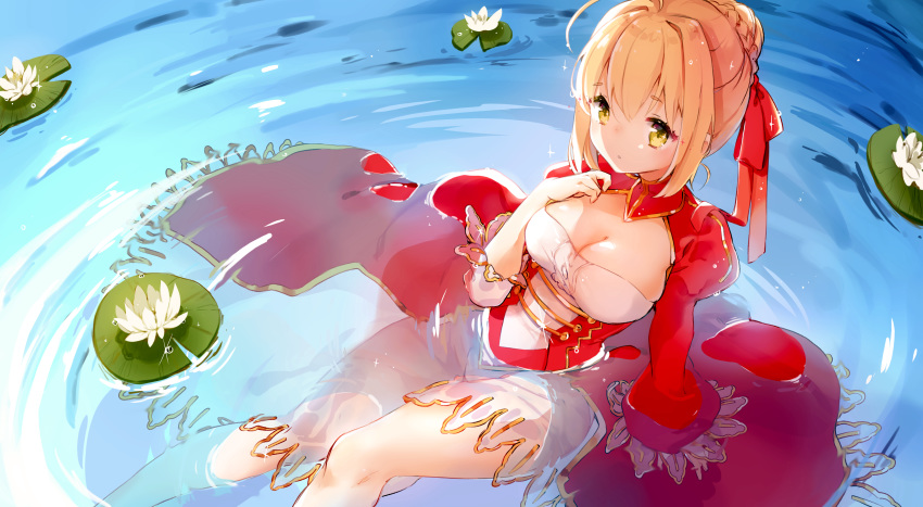 blonde_hair dress fate/grand_order fate_(series) flowers nero_claudius_(fate) short_hair water yennineii