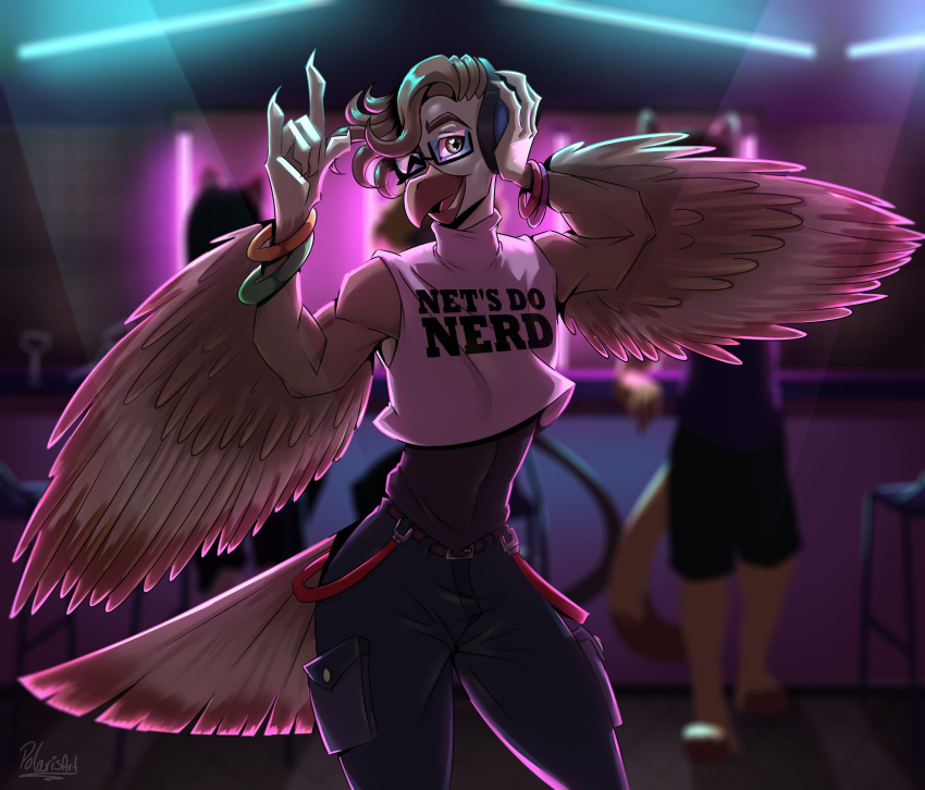 absurd_res accipitrid accipitriform anthro avian bird blurred_background disco group hi_res male male_focus neon neon_lights party polarisart solo_focus