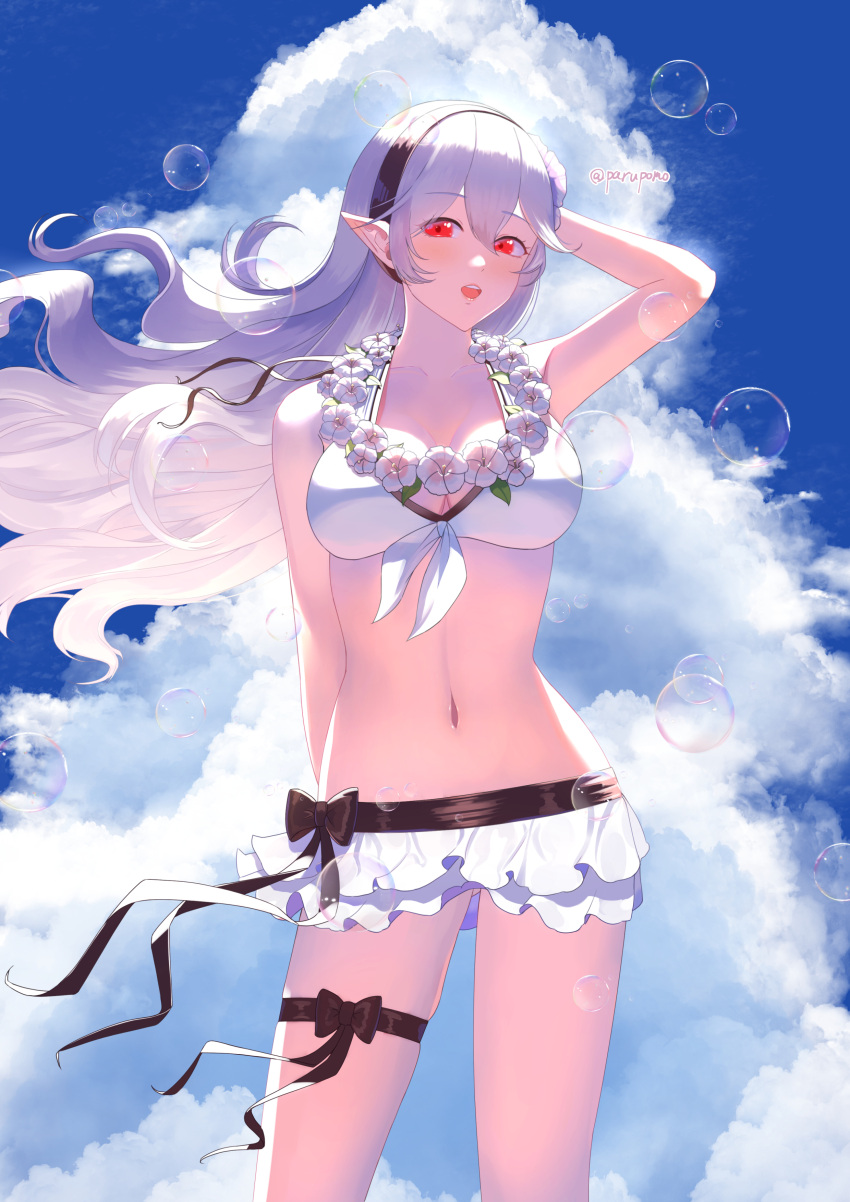 :d absurdres anklet arm_behind_head arm_up bikini bikini_skirt black_bow blue_sky bow breasts bubble cleavage cloud cloudy_sky collarbone corrin_(fire_emblem) corrin_(fire_emblem)_(female) corrin_(summer)_(fire_emblem)_(female) cowboy_shot female fire_emblem fire_emblem_fates fire_emblem_heroes floating_hair flower flower_necklace front-tie_top grey_hair hair_between_eyes hair_flower hair_ornament hairband highres jewelry large_breasts long_hair looking_at_viewer microskirt navel open_mouth parupome pointy_ears red_eyes skirt sky smile solo standing swimsuit thigh_strap twitter_username very_long_hair white_bikini wind