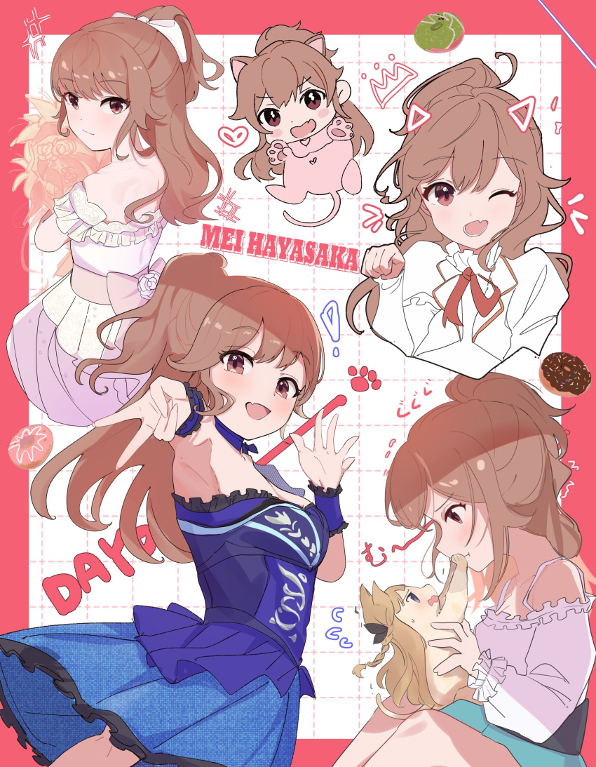 2girls :d absurdres animal animalization armpits bare_shoulders blue_skirt border bouquet bow breasts brown_hair chibi chibi_inset detached_collar drawn_ears drawn_whiskers dress feline gyaru_v hairbow hand_on_another's_mouth hayasaka_mei highres holding holding_animal holding_bouquet holding_cat hugging_object idoly_pride long_bangs long_hair looking_at_another looking_at_viewer medium_breasts multiple_girls multiple_views narumiya_suzu off-shoulder_shirt off_shoulder one_eye_closed ooho0216 open_mouth outside_border paw_pose pleated_skirt ponytail purple_shirt raised_eyebrows red_border red_eyes shirt sidelocks skirt smile strapless strapless_shirt v wedding_dress white_bow white_shirt wrist_cuffs