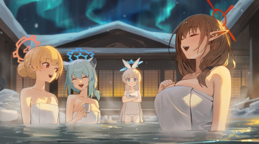 4girls animal_ears aqua_hair aurora blonde_hair blue_archive blue_eyes breasts brown_hair cherino_(blue_archive) cherino_(hot_spring)_(blue_archive) chinatsu_(blue_archive) chinatsu_(hot_spring)_(blue_archive) cleavage commentary_request crossed_arms cup fake_facial_hair fake_mustache grey_hair hair_bun halo highres holding holding_cup hood_(james_x) large_breasts long_hair medium_breasts multiple_girls naked_towel name_tag night nodoka_(blue_archive) nodoka_(hot_spring)_(blue_archive) one-piece_swimsuit onsen open_mouth outdoors pointy_ears red_eyes same-sex_bathing school_swimsuit shared_bathing shigure_(blue_archive) shigure_(hot_spring)_(blue_archive) single_hair_bun sky small_breasts snow steam swimsuit towel very_long_hair water white_one-piece_swimsuit