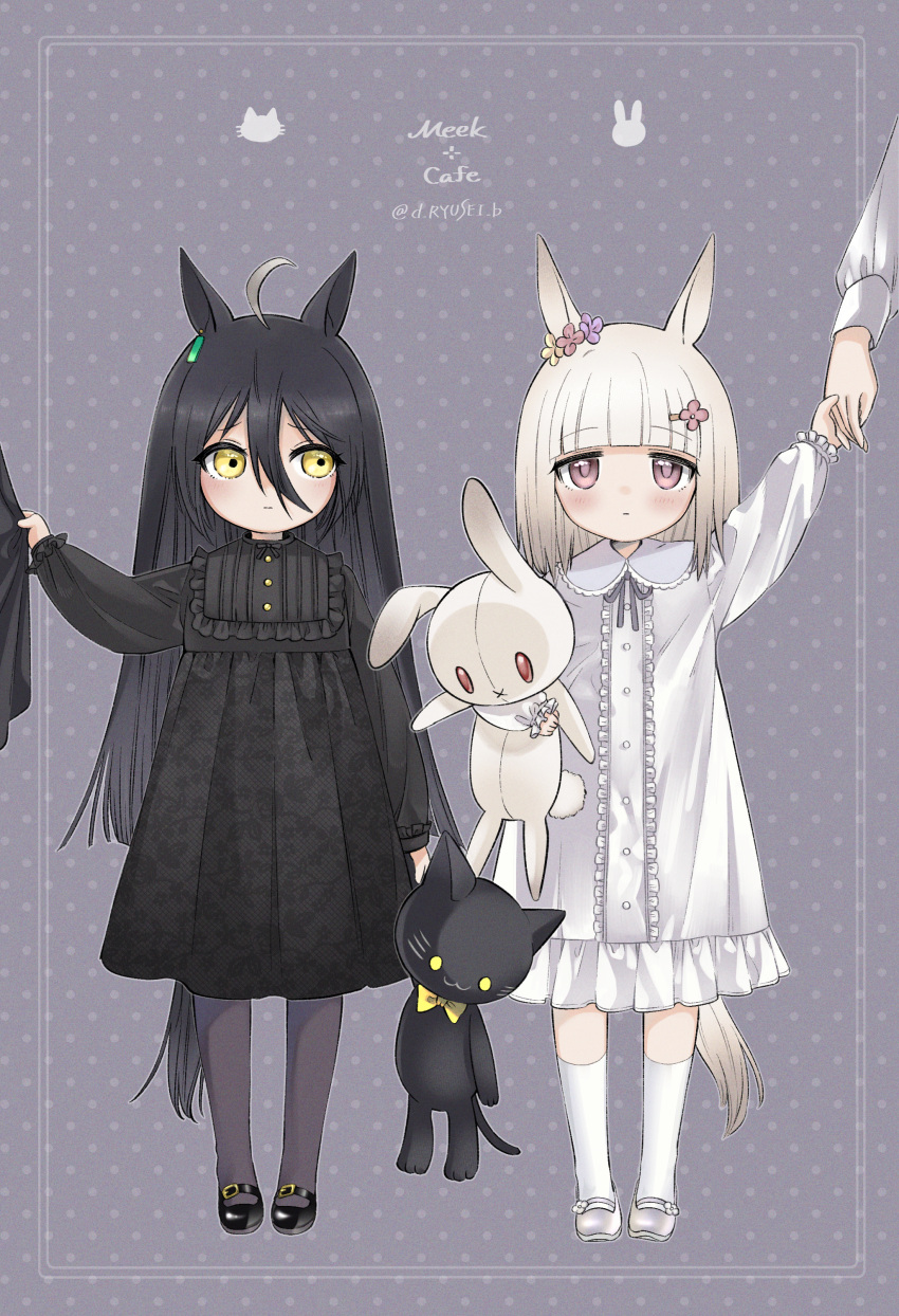 2girls absurdres aged_down ahoge animal_ears black_dress black_footwear black_hair black_legwear blunt_bangs blush character_name dress earrings flower frown hair_flower hair_ornament hairclip happy_meek_(umamusume) highres holding holding_hands holding_stuffed_toy horse_ears horse_girl horse_tail jewelry kneehighs loafers long_sleeves looking_at_another looking_at_viewer manhattan_cafe_(umamusume) mary_janes multicolored_hair multiple_girls out_of_frame pink_hair ryusei_(ryusei_b) shoes single_earring socks standing streaked_hair stuffed_animal stuffed_cat stuffed_rabbit stuffed_toy tail twitter_username umamusume white_dress white_socks yellow_eyes