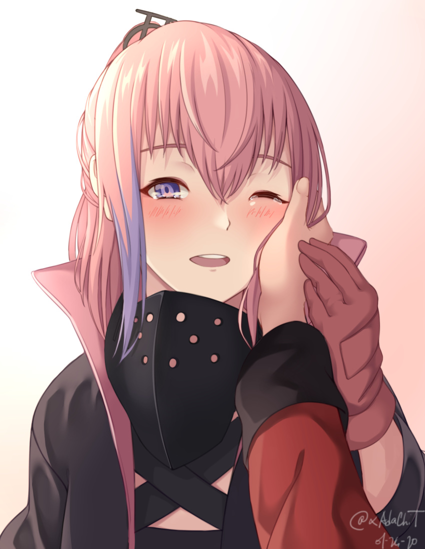 act_(xadachit) blush eyebrows_hidden_by_hair female girls'_frontline gloves hair_between_eyes hand_on_another's_cheek hand_on_another's_face hand_on_another's_hand highres long_hair looking_at_viewer multicolored_hair one_eye_closed open_mouth pink_hair pov pov_hands purple_eyes purple_hair shiny_skin solo_focus st_ar-15_(girls'_frontline) st_ar-15_(mod3)_(girls'_frontline) streaked_hair tears teeth upper_teeth_only