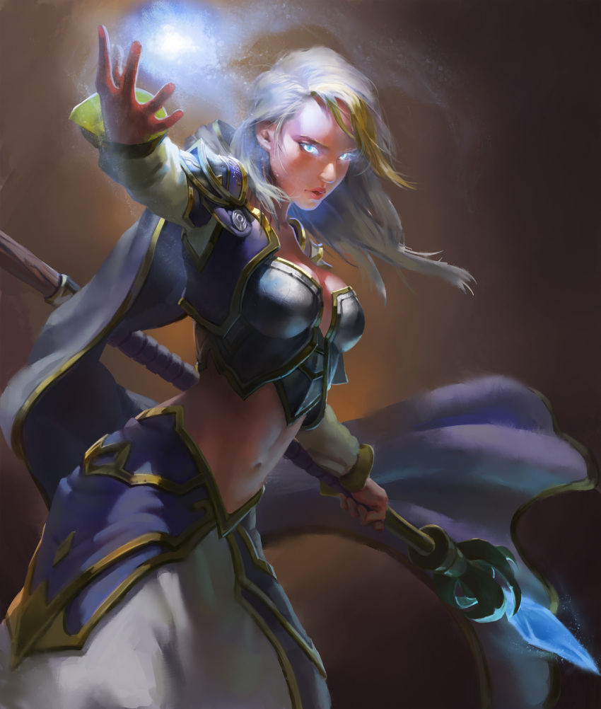 absurdres blonde_hair blue_eyes breasts cape cleavage female floating_hair grey_cape highres holding holding_staff human_(warcraft) jaina_proudmoore long_hair long_skirt long_sleeves mage_staff magic medium_breasts midriff multicolored_hair navel open_mouth skirt solo staff standing stomach two-tone_hair warcraft white_hair white_skirt xiaofei_syrup