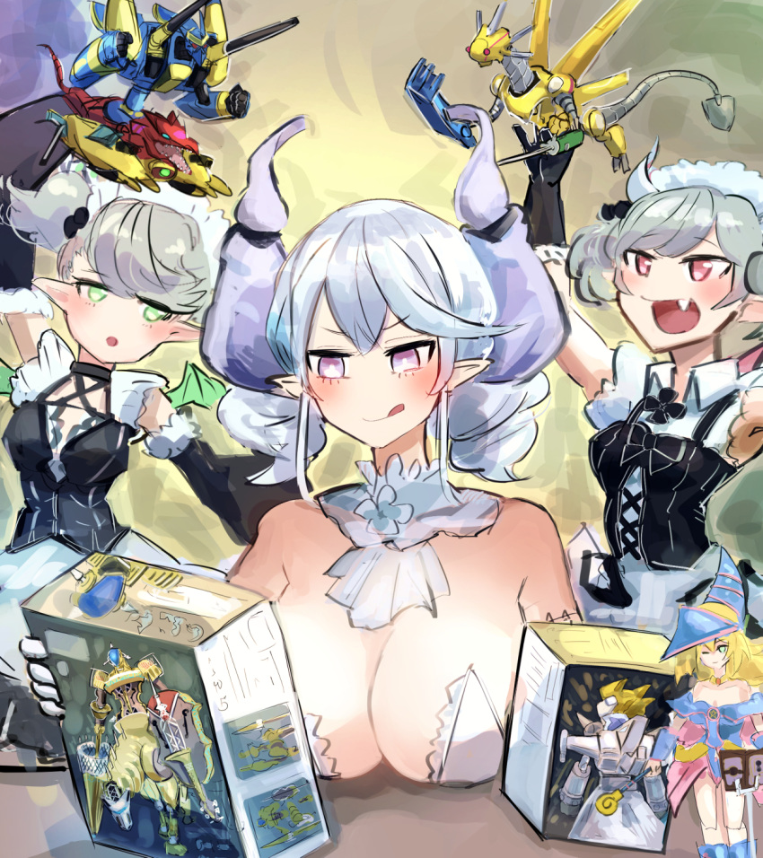 3girls absolute_king_back_jack arianna_the_labrynth_servant arianne_the_labrynth_servant box breasts dark_magician_girl demon_girl demon_horns detached_collar dingirsu_the_orcust_of_the_evening_star duel_monster grey_eyes grey_hair hatano_kiyoshi highres holding holding_box horns huge_breasts lovely_labrynth_of_the_silver_castle maid model_kit multiple_girls power_tool_dragon siblings twins xyz-dragon_cannon yu-gi-oh!