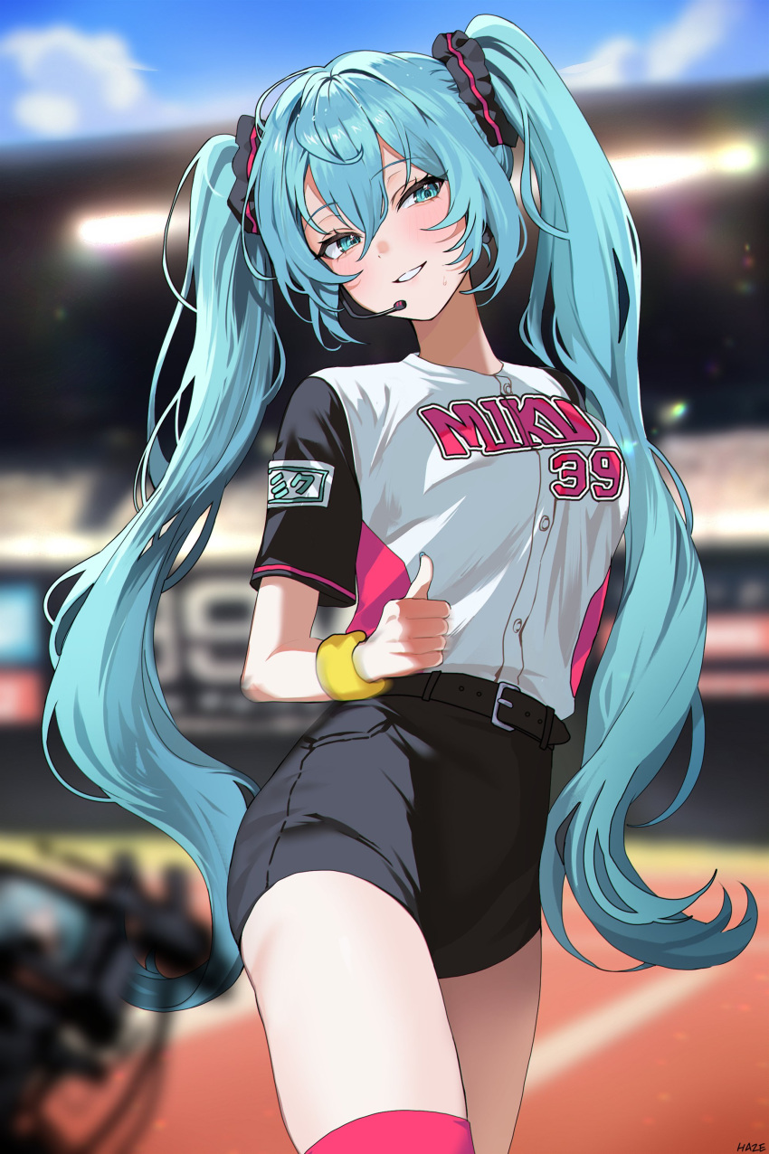 absurdres alternate_costume aqua_eyes aqua_hair black_shorts blonde_hair blue_sky blurry breasts character_name clothes_writing cowboy_shot depth_of_field female hair_ribbon hatsune_miku haze_(ohw8g) highres long_hair microphone outdoors racetrack ribbon shirt shorts sky small_breasts solo thighs thumbs_up tv_camera twintails vocaloid white_shirt