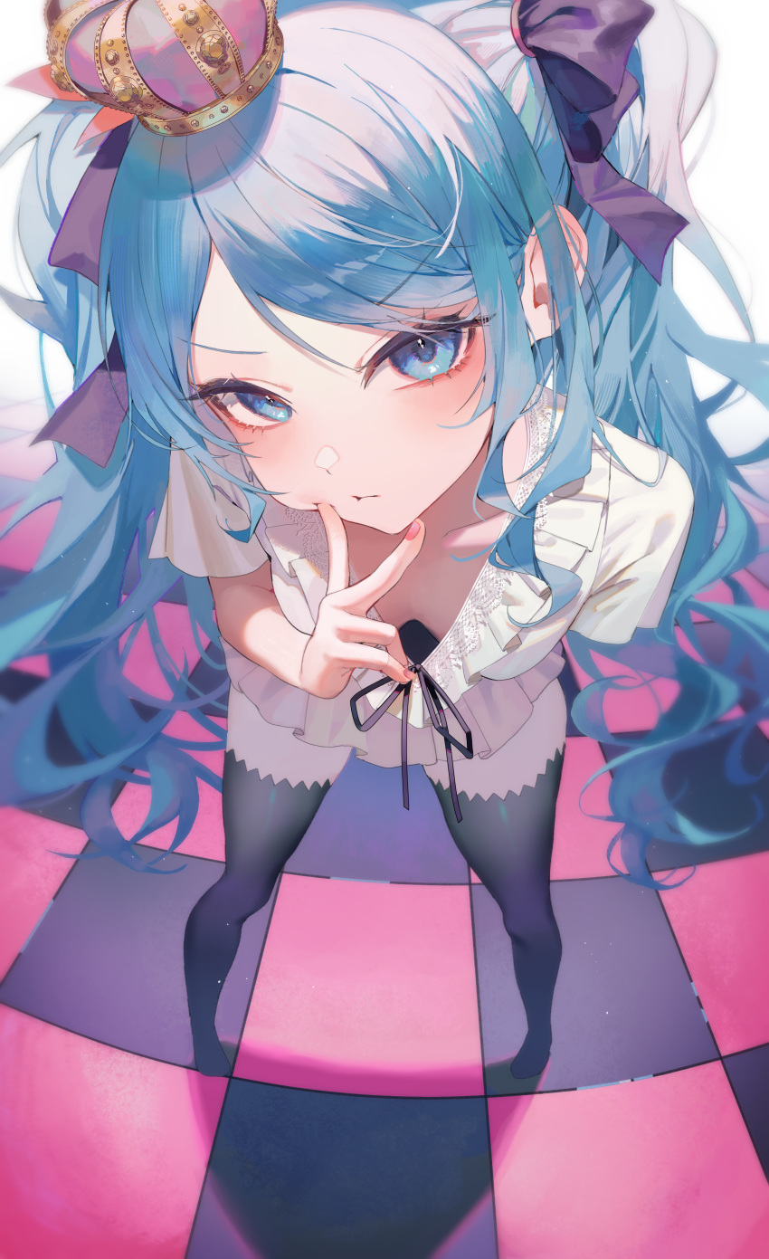 absurdres aqua_eyes aqua_hair black_thighhighs breasts checkered_floor closed_mouth commentary_request crown downblouse dress female finger_to_cheek frilled_dress frills hair_ribbon hatsune_miku highres leaning_forward long_hair looking_at_viewer may.l mini_crown no_shoes pink_nails ribbon short_sleeves solo standing thighhighs twintails v vocaloid white_dress world_is_mine_(vocaloid) zettai_ryouiki