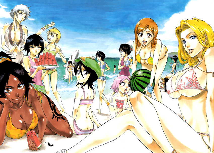 6+girls arisawa_tatsuki ass beach bikini black_hair bleach blonde_hair blue_sky breasts butt_crack dark-skinned_female dark_skin food fruit grey_hair highres hinamori_momo huge_breasts inoue_orihime ise_nanao kotetsu_isane kotetsu_kiyone kubo_tite kuchiki_rukia kurotsuchi_nemu kusajishi_yachiru looking_at_viewer matsumoto_rangiku multiple_girls non-web_source official_art one-piece_swimsuit open_mouth orange_hair pink_hair sarugaki_hiyori shiba_kuukaku shihouin_yoruichi sky smile sui-feng swimsuit thigh_gap unohana_retsu watermark watermelon watermelon_slice