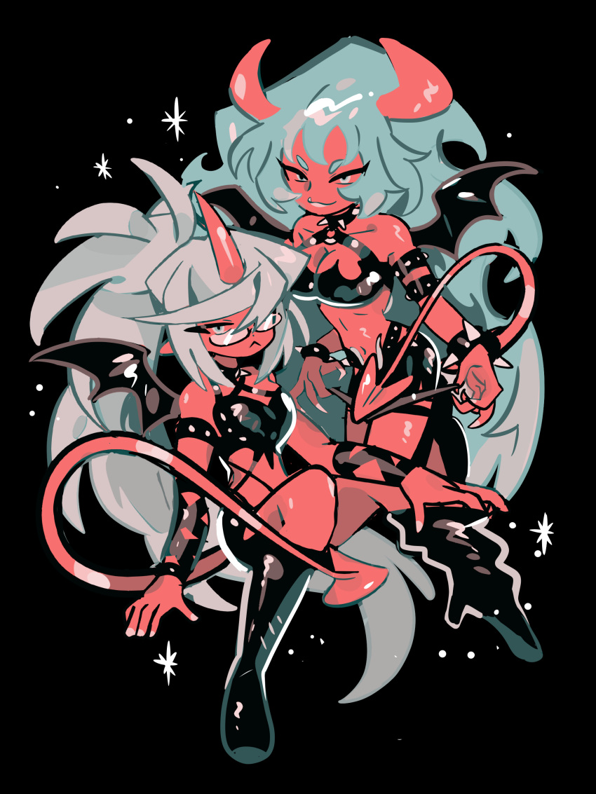 2girls absurdres blue_hair breasts colored_skin demon_girl demon_horns demon_wings gogeyama green_hair highres horns kneesocks_(psg) large_breasts long_hair looking_at_viewer medium_breasts multiple_girls panty_&_stocking_with_garterbelt red_skin revealing_clothes scanty_(psg) wings