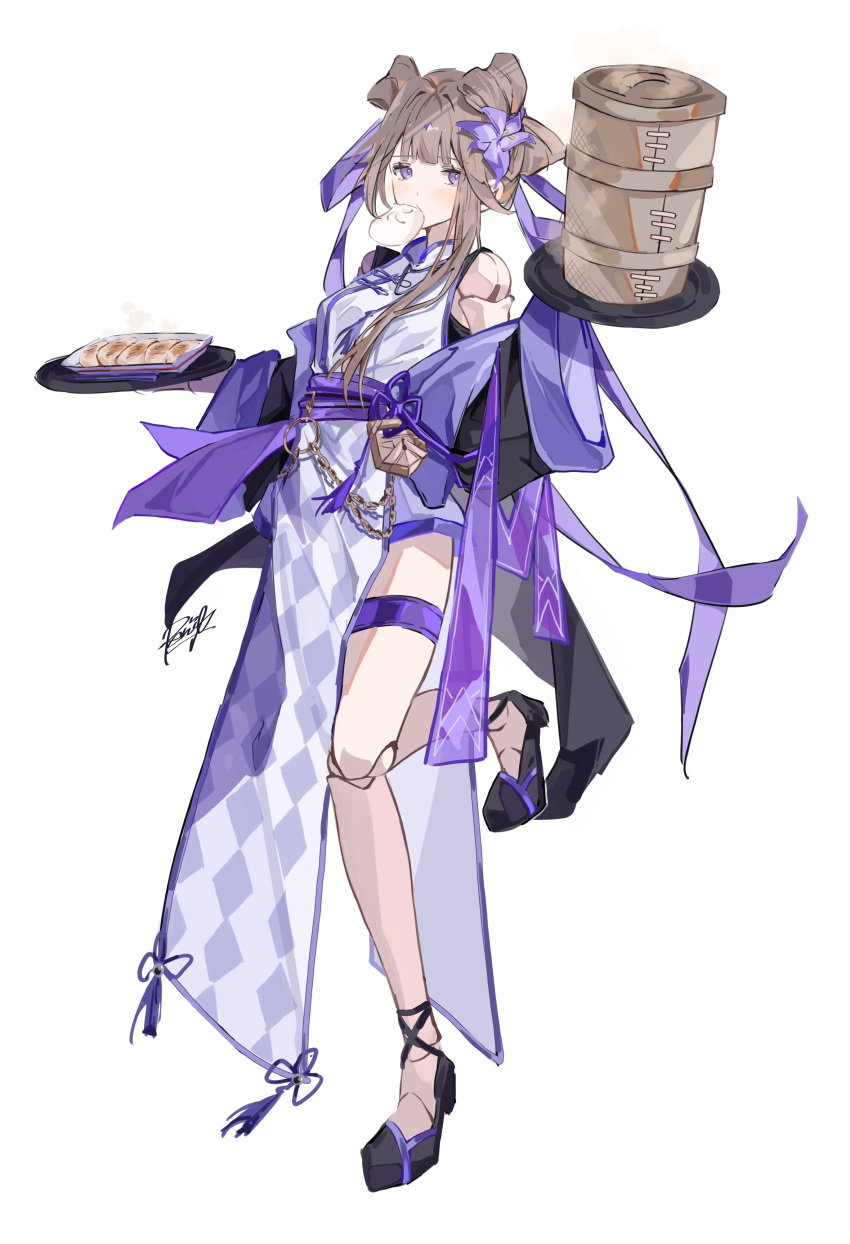 absurdres black_footwear breasts brown_hair doll dumpling female flower food food_in_mouth hair_flower hair_ornament herta_(honkai:_star_rail) high_heels highres holding holding_plate honkai:_star_rail honkai_(series) japanese_clothes kimono leg_up medium_hair plate purple_eyes purple_flower purple_kimono ren_(renjiyu) small_breasts solo thigh_strap white_background