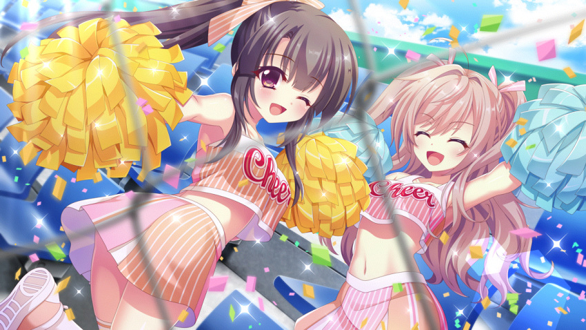 2girls ;d ahoge alternate_hairstyle arm_up ass black_hair bleachers blue_sky blurry blurry_foreground blush breasts chain-link_fence cheerleader closed_eyes clothes_writing cloud confetti crop_top crop_top_overhang day dot_nose dutch_angle fence film_grain game_cg hair_intakes hair_up high_ponytail himura_nagisa ichikishima_mizuha izumi_tsubasu lens_flare long_hair looking_at_viewer medium_breasts midriff multiple_girls navel non-circular_lens_flare non-web_source official_art one_eye_closed open_mouth orange_footwear orange_ribbon orange_skirt outdoors pink_hair pink_ribbon pink_skirt pom_pom_(cheerleading) purple_eyes re:stage! ribbon shoes sidelocks skirt sky smile sneakers sparkle standing standing_on_one_leg striped_clothes striped_ribbon thighhighs vertical-striped_clothes white_thighhighs zettai_ryouiki