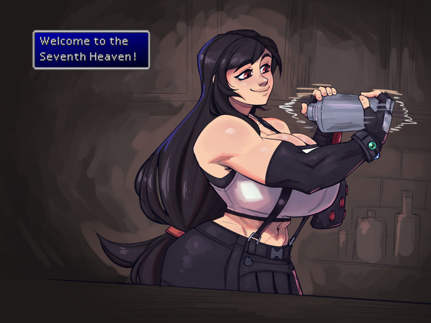 alternate_breast_size bar_(place) bare_shoulders black_bracelet black_gloves black_hair black_skirt black_sports_bra blue_gemstone bracelet breasts cleavage cocktail_shaker crop_top dansome0203 dialogue_box elbow_gloves english_text female final_fantasy final_fantasy_vii final_fantasy_vii_remake fingerless_gloves gem gloves green_gemstone highres holding_shaker huge_breasts jewelry long_hair low-tied_long_hair materia midriff muscular muscular_female navel scar scar_on_stomach shaking skirt smile solo sports_bra suspender_skirt suspenders tank_top tifa_lockhart white_tank_top