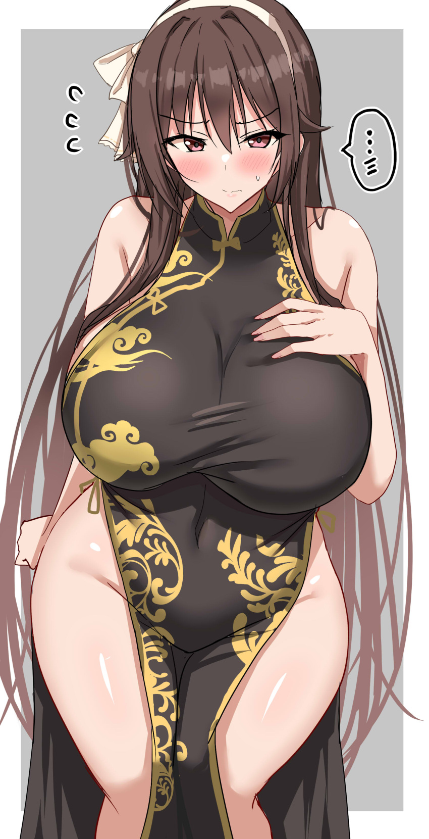 .live absurdres black_dress blush breasts brown_hair china_dress chinese_clothes dress female fingernails flying_sweatdrops grey_background hair_ribbon highres huge_breasts long_hair looking_at_viewer pelvic_curtain red_eyes ribbon sakurapochi shiny_skin simple_background solo sweatdrop thighs very_long_hair virtual_youtuber white_ribbon yaezawa_natori