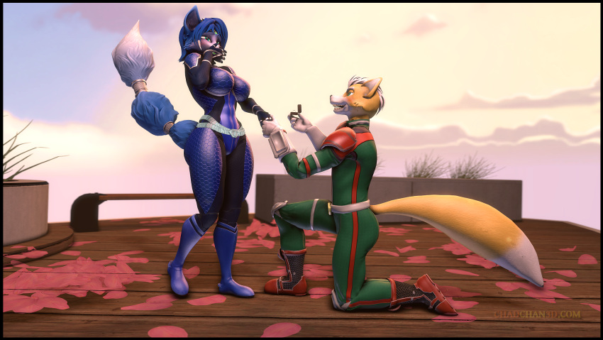 3d_(artwork) anthro bending_knees black_border blush border canid chadchan3d clothing digit_ring digital_media_(artwork) evening female fox_mccloud hand_holding hi_res jewelry krystal_(star_fox) male male/female mammal nintendo proposal ring smile source_filmmaker_(artwork) spacesuit star_fox surprised_expression uniform warfare_krystal warfare_machine wedding_ring