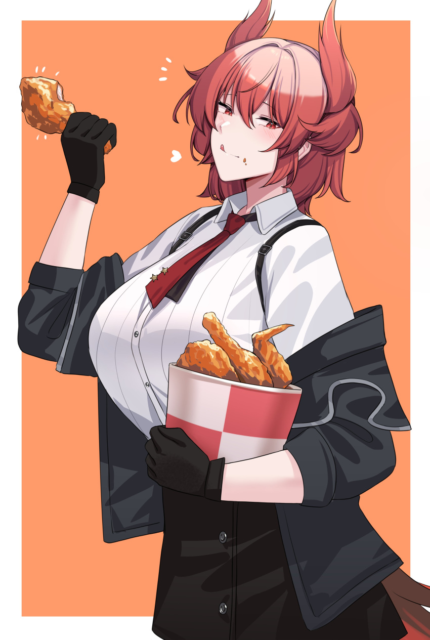 :q absurdres arknights black_jacket black_skirt breasts bucket_of_chicken chicken_(food) commission enough_333 female fiammetta_(arknights) food food_on_face fried_chicken highres holding holding_food jacket large_breasts long_sleeves looking_at_viewer necktie pointy_hair red_eyes red_hair red_necktie shirt short_hair skirt solo tongue tongue_out white_shirt