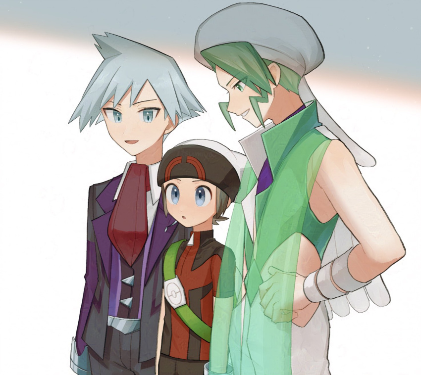 3boys :o black_jacket black_pants blue_eyes blue_hair brendan_(pokemon) brown_hair collared_shirt commentary crop_top green_eyes green_hair grin hat height_difference highres jacket light_blue_hair long_sleeves looking_at_another male_focus mio14s multiple_boys necktie open_mouth pants pokemon pokemon_oras purple_shirt red_necktie red_shirt shirt short_hair short_sleeves sleeveless sleeveless_shirt smile steven_stone wallace_(pokemon) white_hat white_pants white_shirt